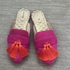 Birdies Shoes The Robin Magenta Suede and Orange Tassel Slip On Mules Flat